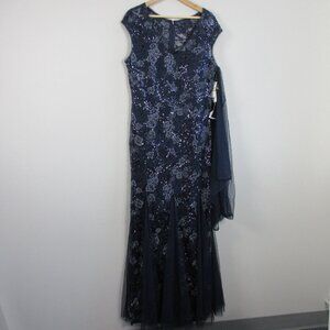 Alex Evenings Maxi Dress 14 Blue Sequin Embroidered Fit &Flare Gown Wedding 806